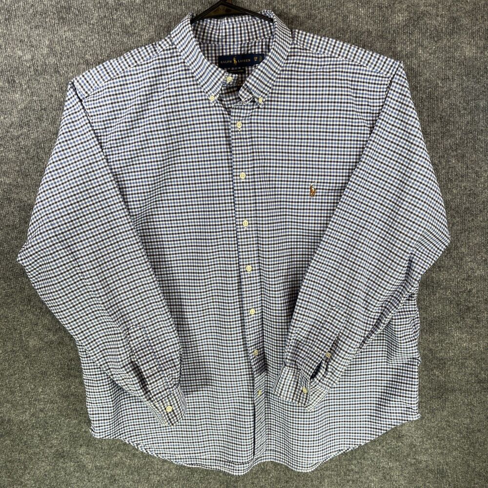 Polo Ralph Lauren Shirt 2XB Big & Tall Stretch Oxford Gingham Blue Flesh Pony